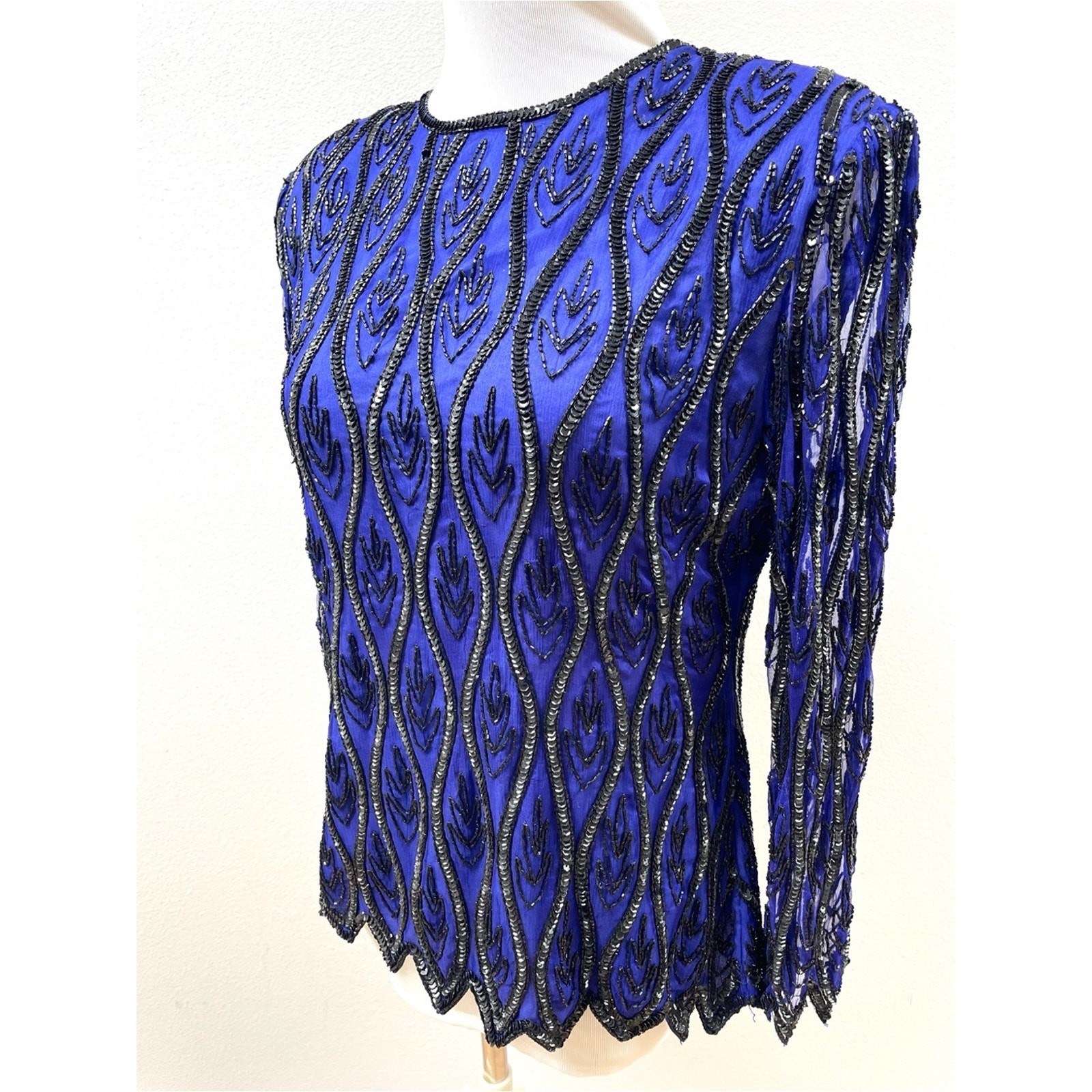 80s 90s Vintage Stenay Beaded Silk Blue Long-Sleeve Evening Top Women’s Medium P