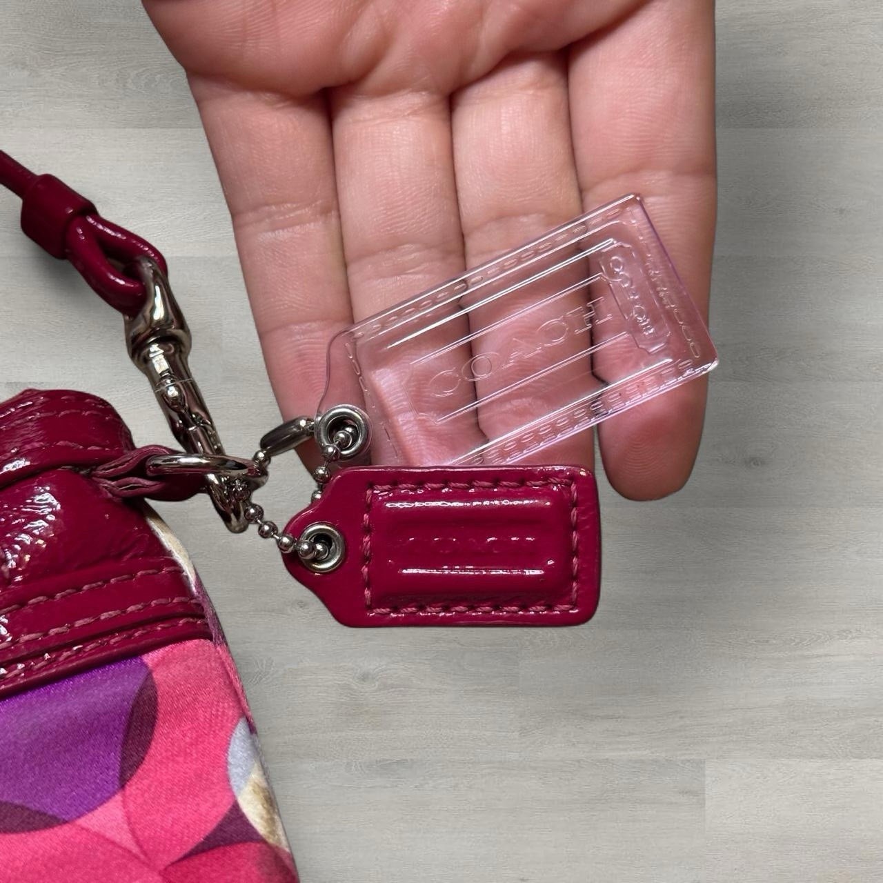 Coach Geometric Pink Purple Wristlet Zip Pouch Crossbody Strap Bag Charm