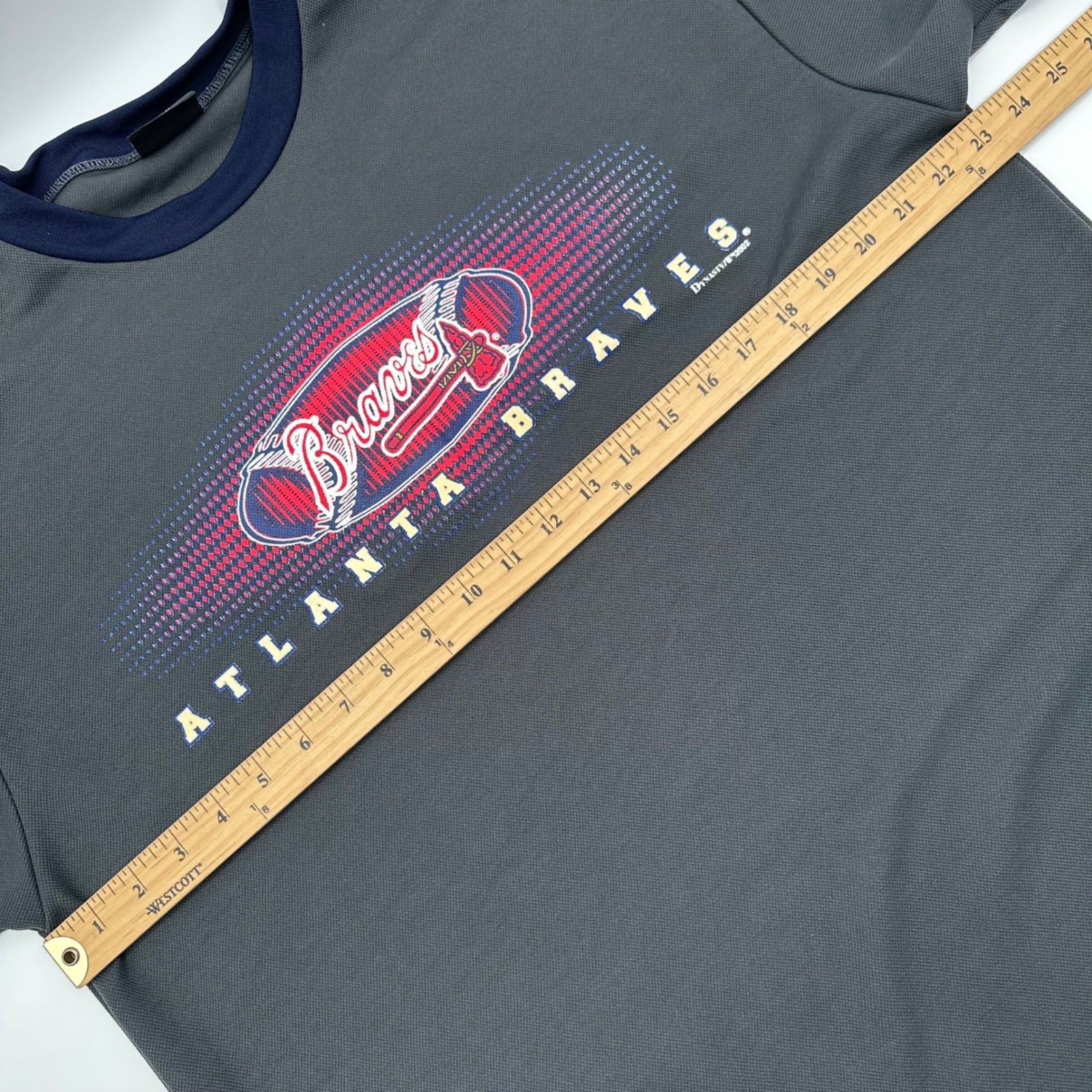 Vintage 2002 Atlanta Braves Dynasty Sample Ringer T-Shirt Grey Navy Mens XL Y2K