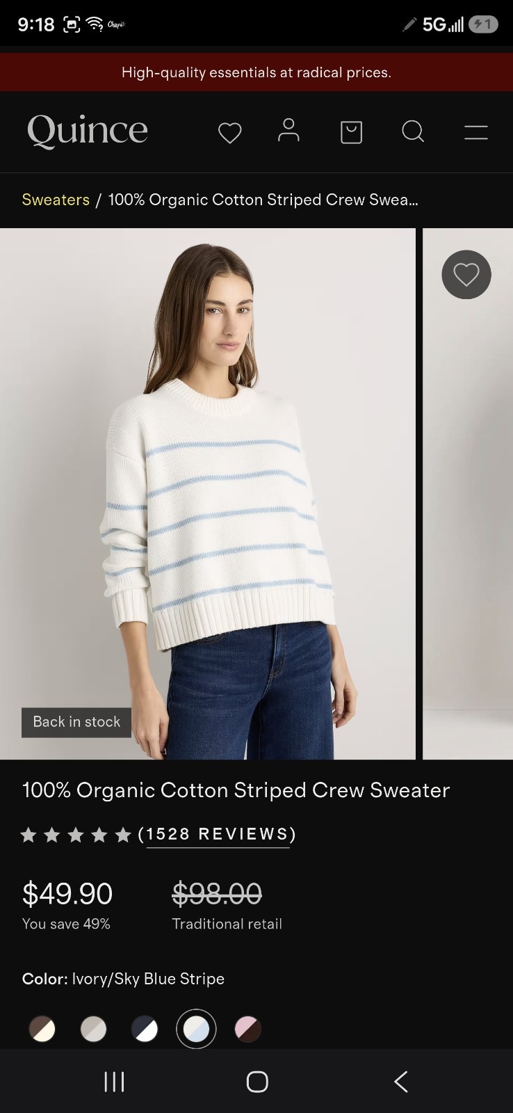 Quince Cotton Knit Striped Crew Neck Pullover Sweater Long Sleeve M