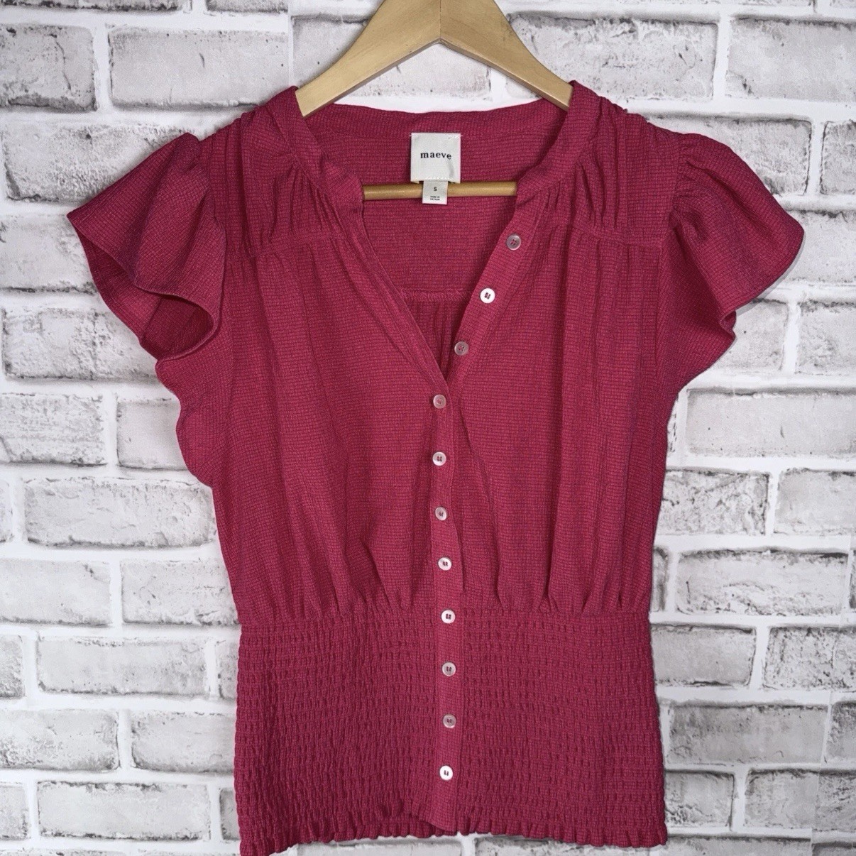 Maeve Anthropology Short Sleeve V-Neck Fitted Waist Top Pink Women’s Size Small