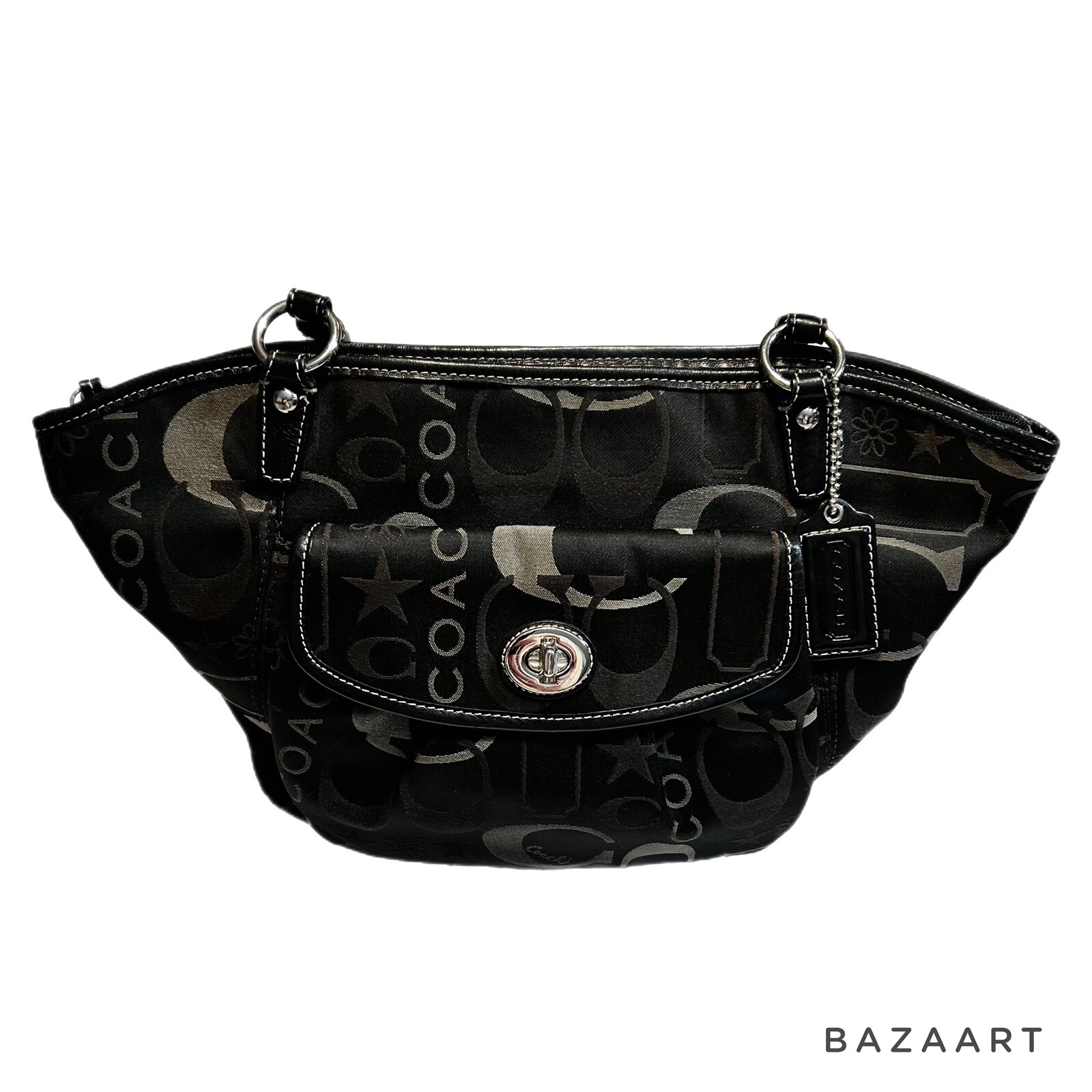 Coach Purse Leah Shoulder Bag Black & Gray stars Sateen #F14654 Silver Hardware