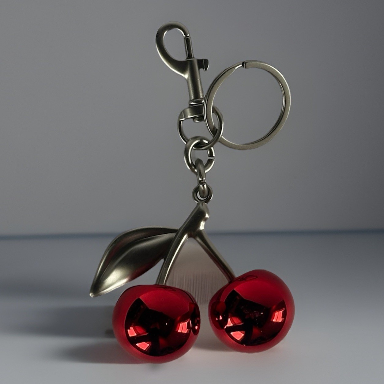 Mirrored Red Double Cherry Bag Charm | SILVER Keychain + Premium Velvet Dust Bag