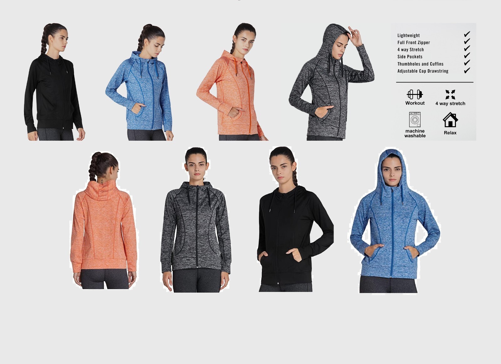 Women Lightweight Active Full Zip Hoodie with Pocket Quick-drying Running Hoodie