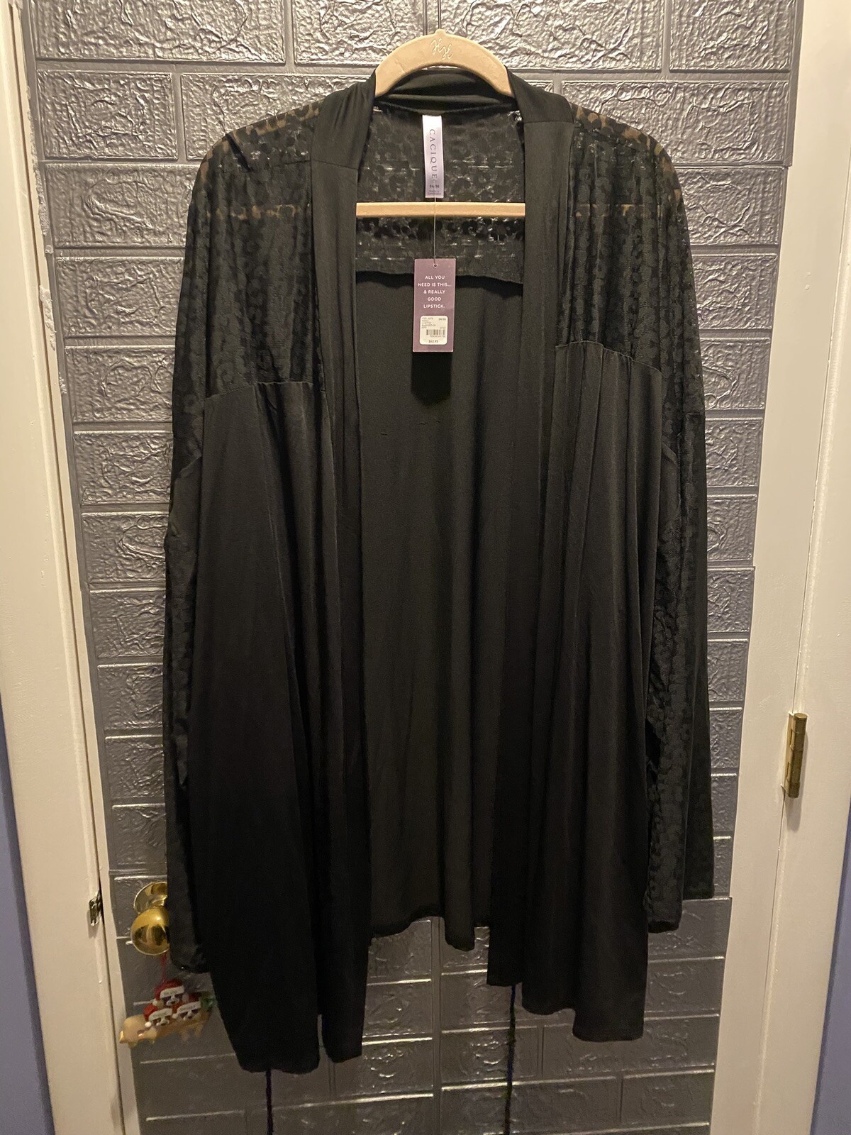 Cacique Lane Bryant PLUS 5x 6x 7x 34/36 Black Satin Leopard Mesh Kimono MidRobe