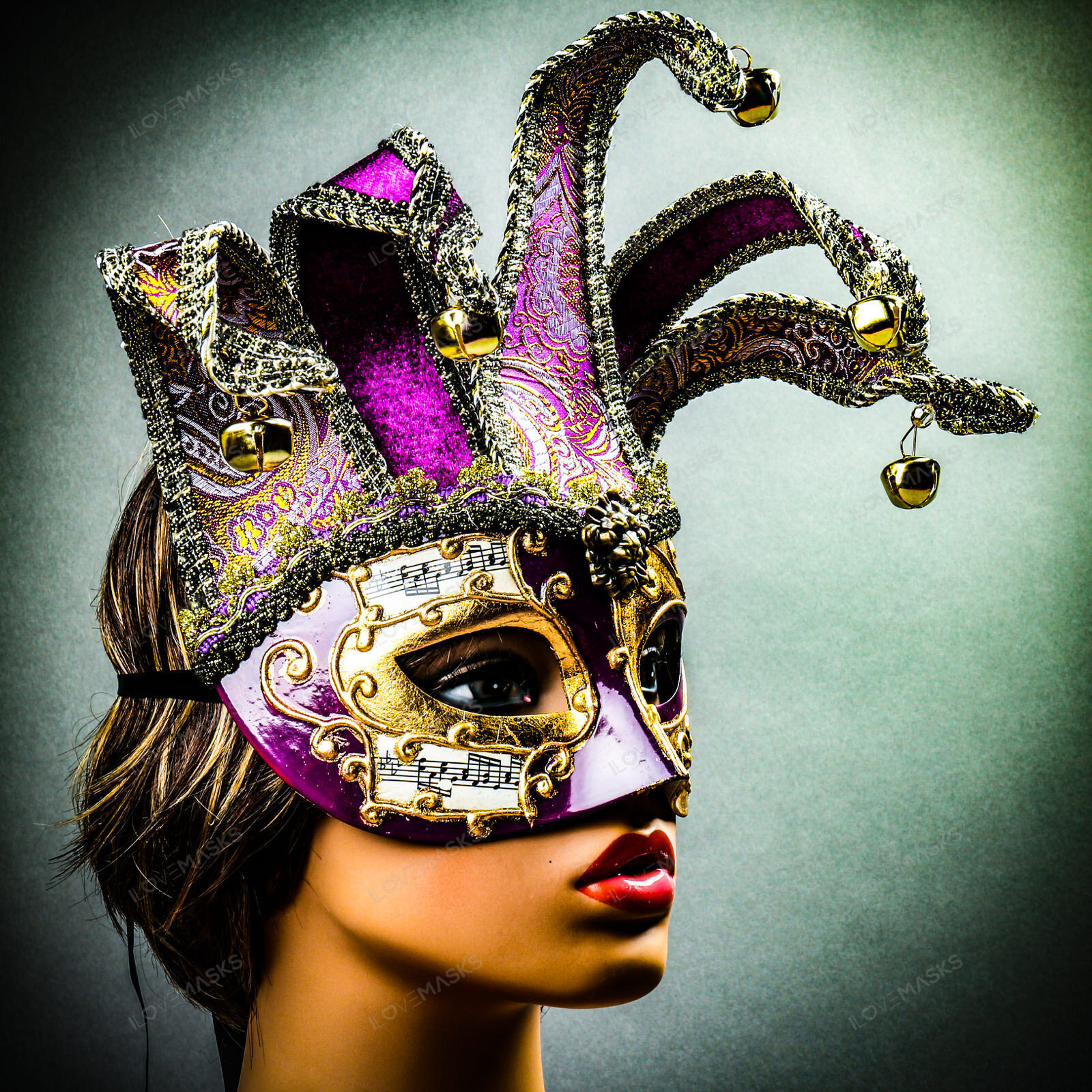 Jester Joker Venetian Musical Eye Mask with Bells Gold Purple Halloween Eye Mask