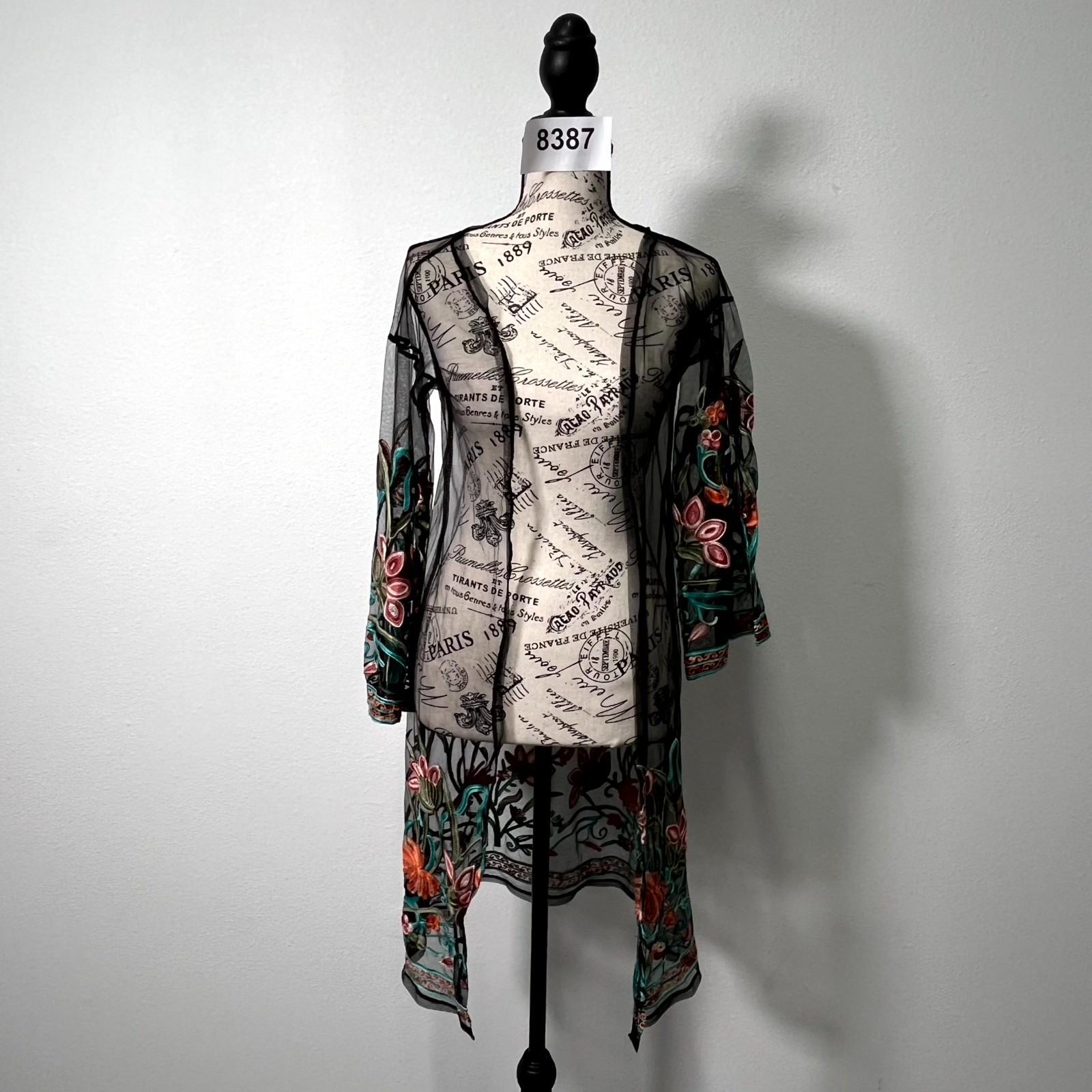 Womens Cardigan Kimono One Size Black Multi Sheer Embroidered Floral Open Front