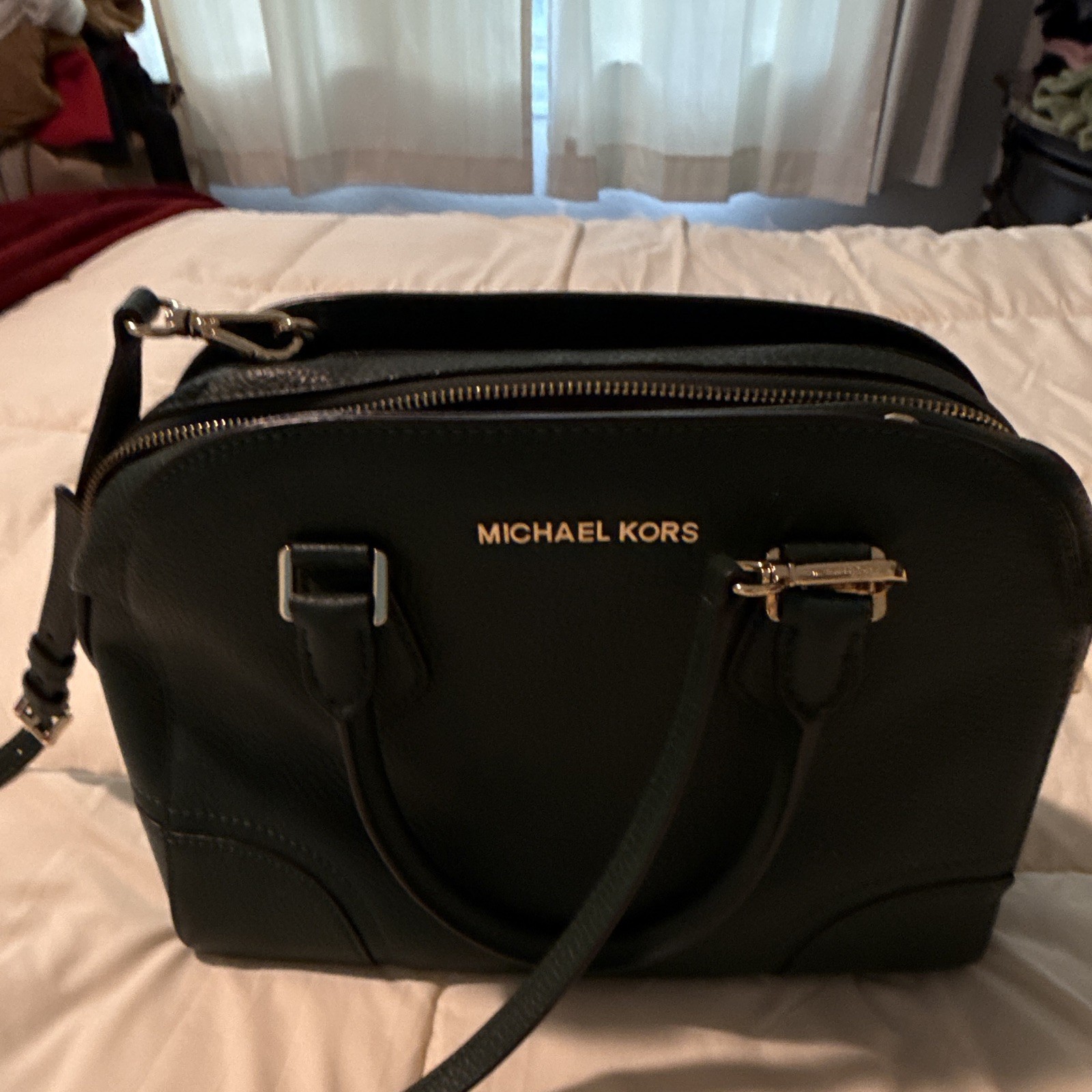 Michael Kors Green Pebbled Satchel Top Handle Bag Zip Detachable Strap Gold