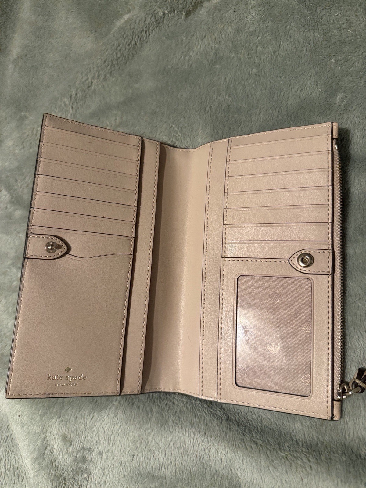 kate spade new york Solid Pink/Beige Wristlet Wallet Zipper, ID Window, Cards