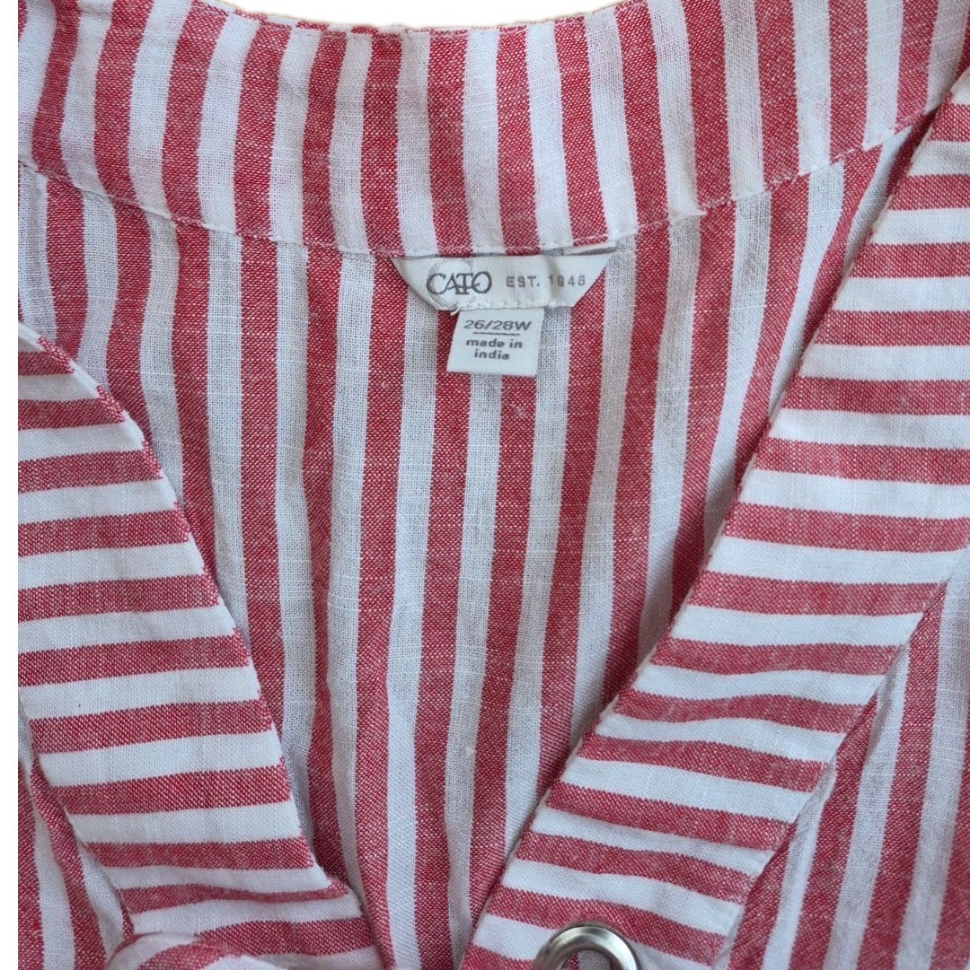 Cato Women’s 26/28W Plus Red/White Striped V-Neck Tie Grommet Blouse 3/4