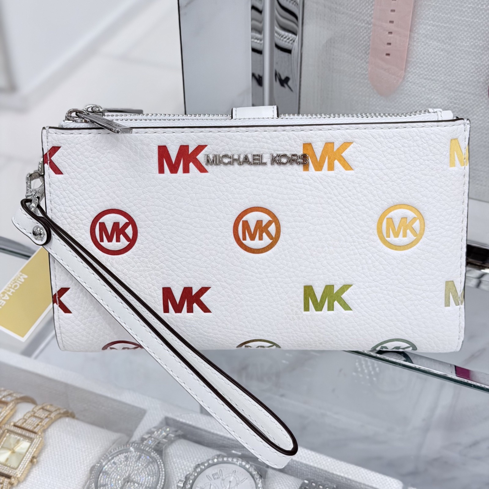 Michael Kors Jet Set Travel Double Zip Wristlet Wallet MK Rainbow Optic White