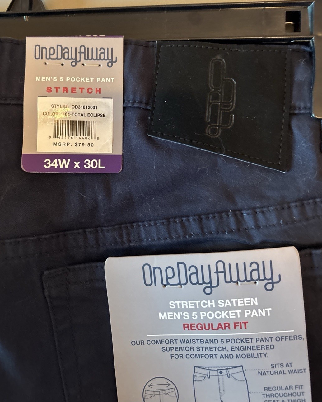 ⁠OneDayAway Mens 5 Pocket Stretch Sateen Pants 34×30 Total Eclipse Navy NWT