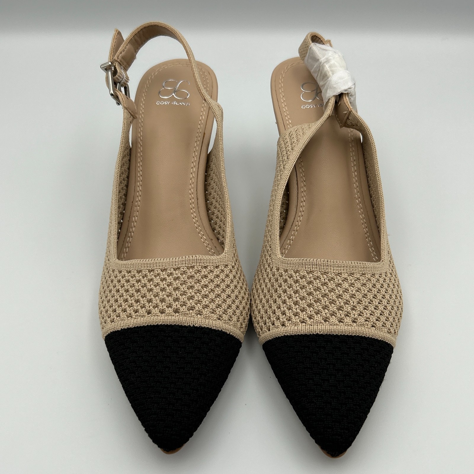 COSY ISLAND Slingback Pumps Size 9 Begie Black Cap Toe Dress Work Evening Shoes