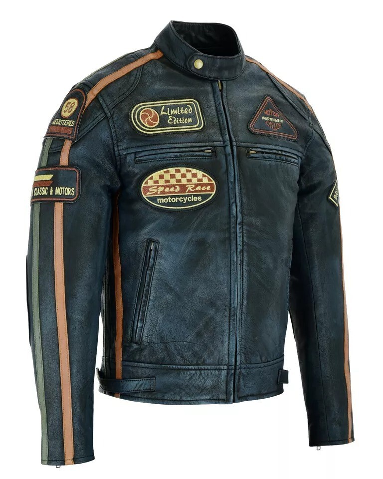 Mens British Motorcycle Black Wax Leather Badges Jacket Biker Tan Green Striped