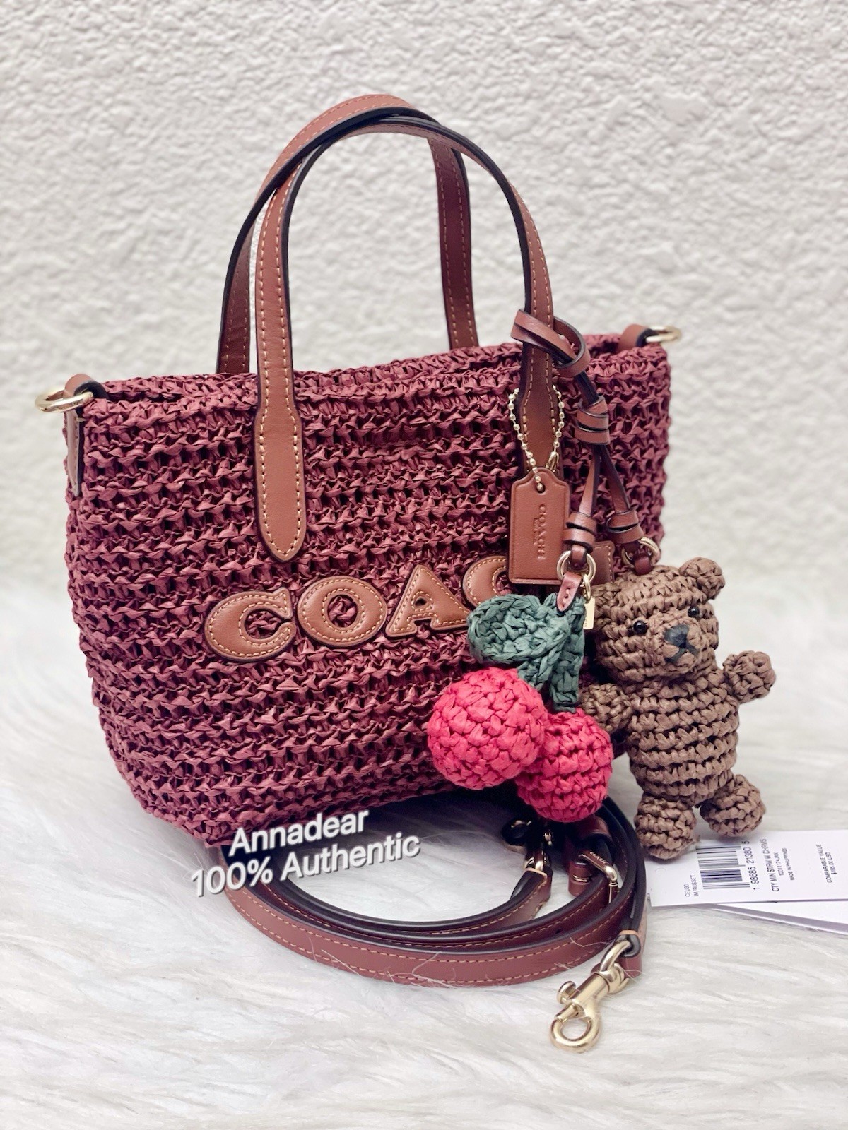 NWT Coach CEU30 City Mini Tote Bag With Charms in straw & Leather Gold/Russet