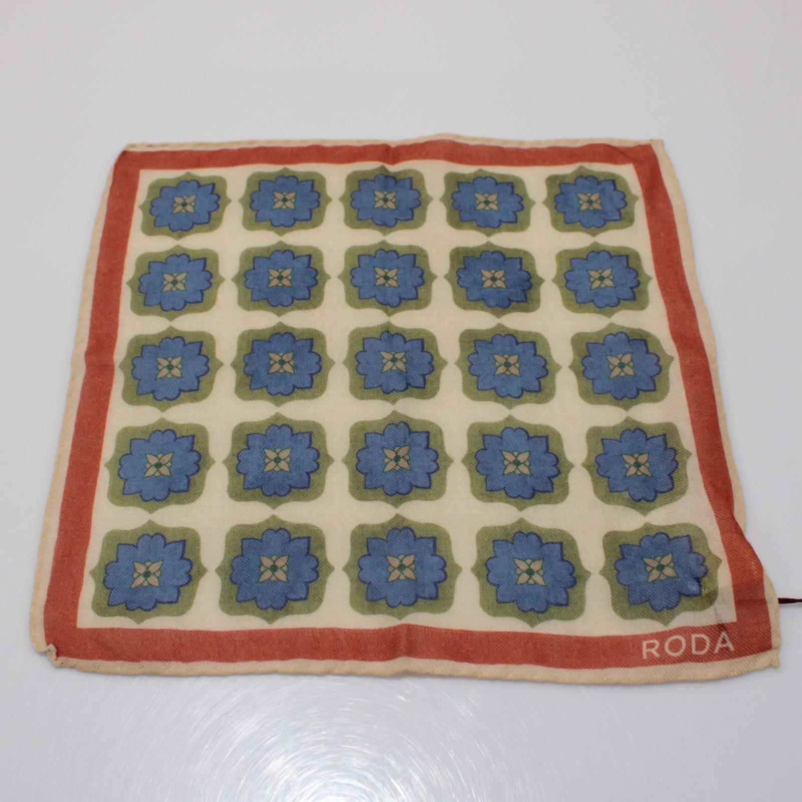 Roda NWT 100% Wool Pocket Square Orange / Ivory / Blue / Green Geometric Print