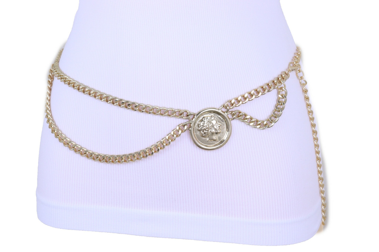 Women Dance Fashion Belt Gold Color Metal Chain Wave Coin High Waist Hip XS S M