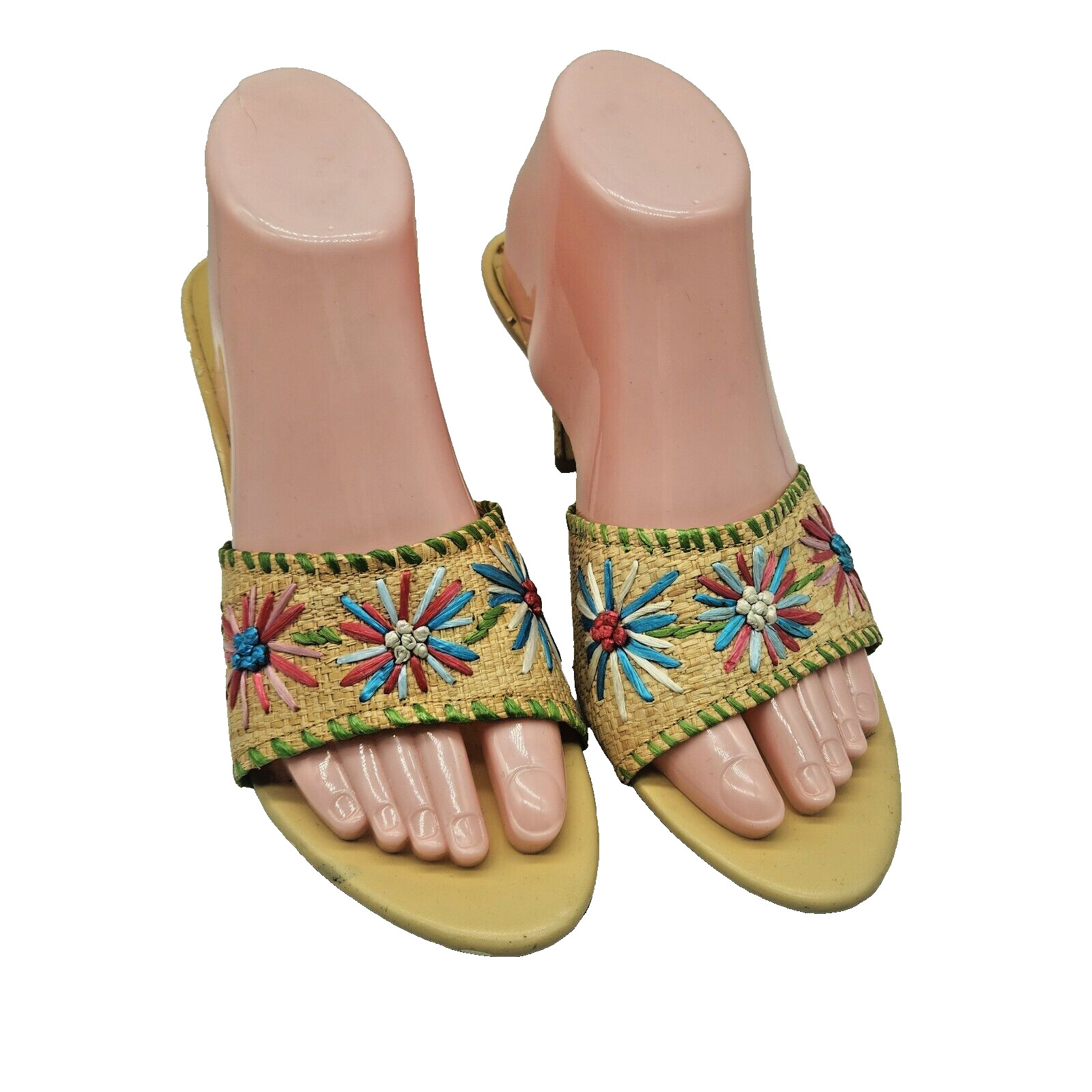 NEW Apostrophe Wedge Summer Straw Sandals Embroidered Flowers Leather Size 9