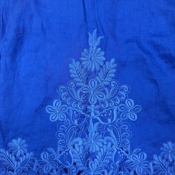 J. Crew Women’s Royal Blue Embroidered Linen Blouse Top Size 4 3/4 Sleeve Floral