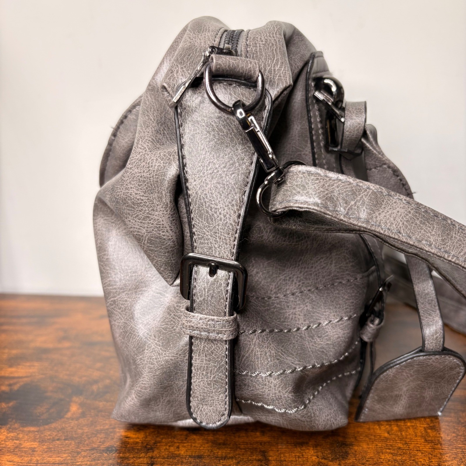 Gray Faux Leather Satchel Handbag Crossbody Bag Side Buckles Gunmetal Hardware