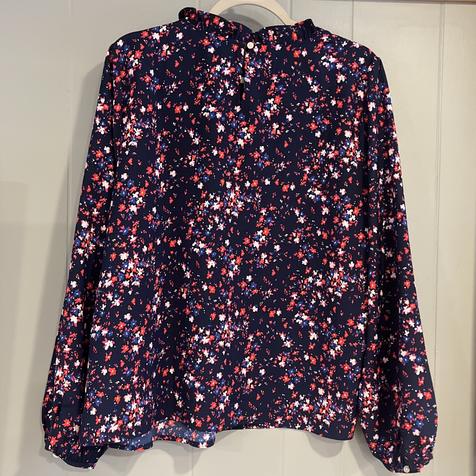 J Crew XXL Blue Floral High Ruffle Neck Long sleeve Blouse Top Shirt Women’s
