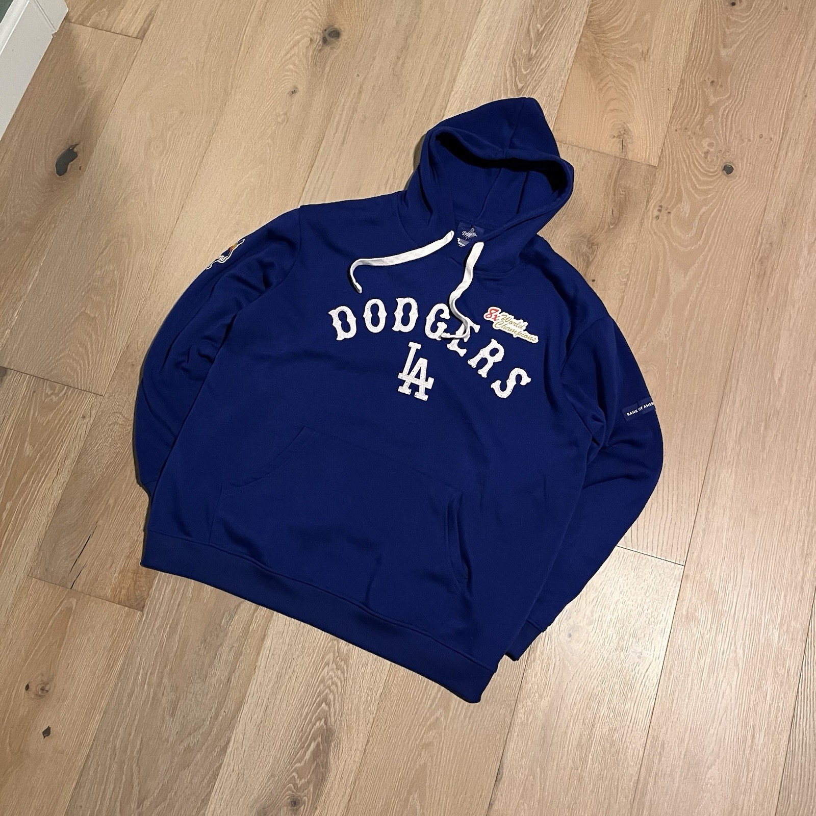 8x world champion dodgers print and patched blue hoodie