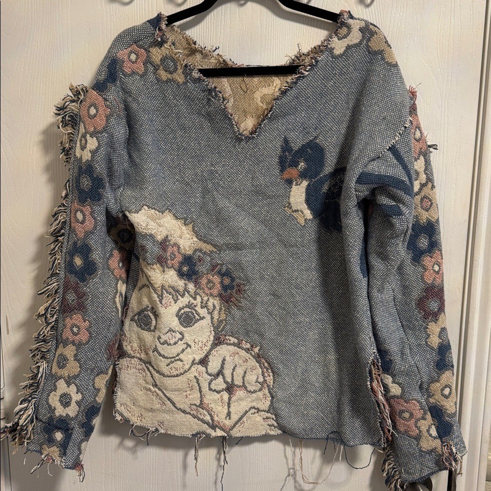RARE! Dreamsicle Tapestry Sweater Cherub Long Sleeve V-Neck Distressed Fringe