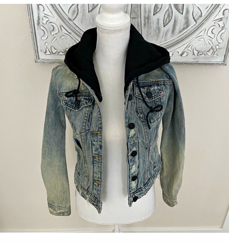 BLANKNYC Hooded Distressed Jacket Women’s Blue/Black Button Slim w/ Pockets, XS