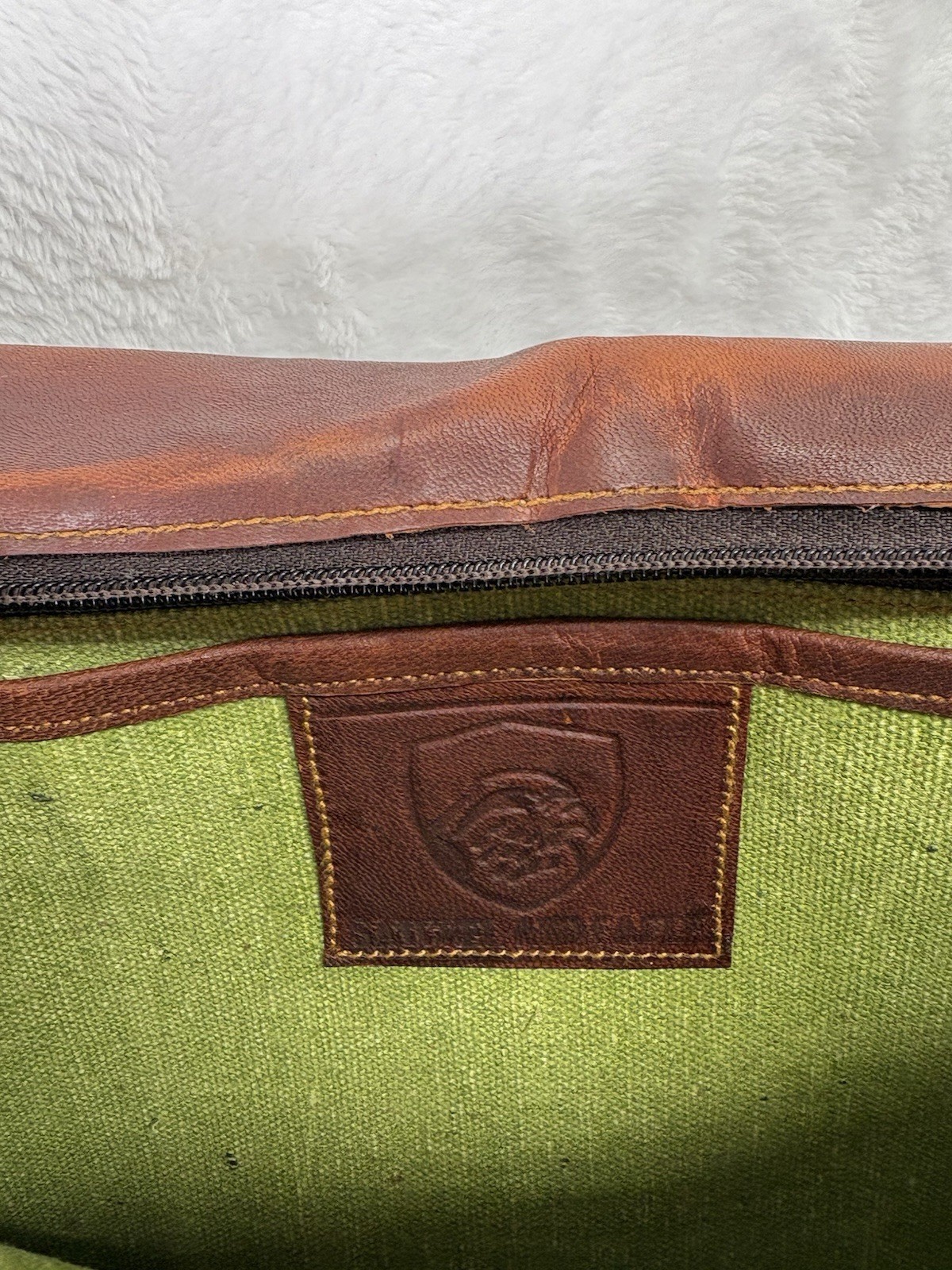 Brown Leather Solid Crossbody Saddle Bag Brass Hardware Buckle/Snap Green Lined
