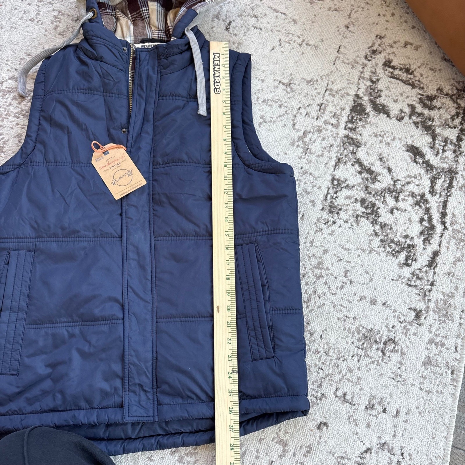Weatherproof Vintage Mens Hooded Puffer Vest Navy Blue Plaid Lined size Small