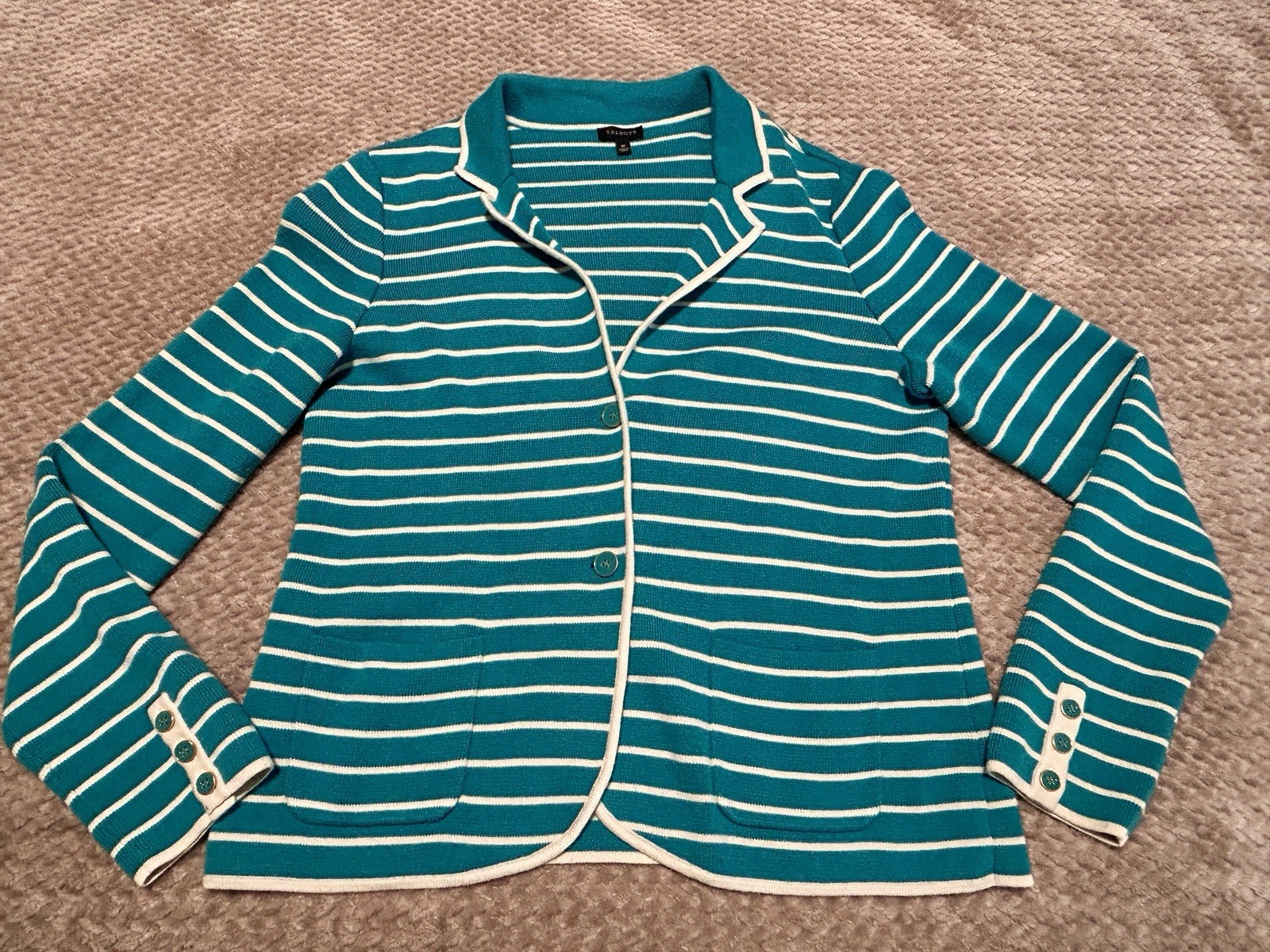 Talbots Sweater Blazer Women Medium Teal White Striped 2 Button Cardigan Jacket