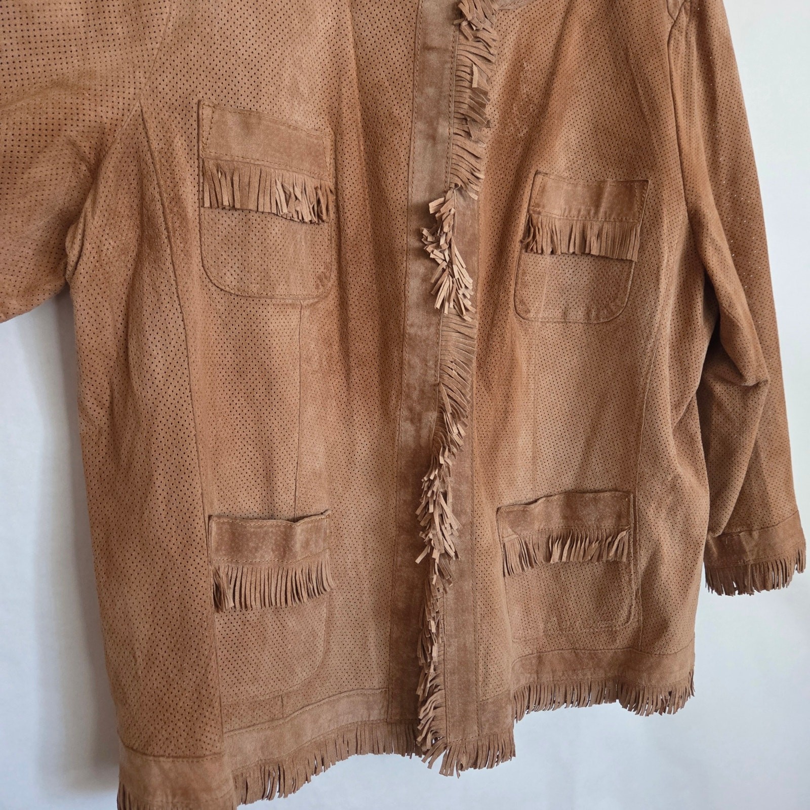 Chico’s Distressed Fringe Leather Shacket Shirt Jacket 3/4 Sleeve Sz 3 or XL
