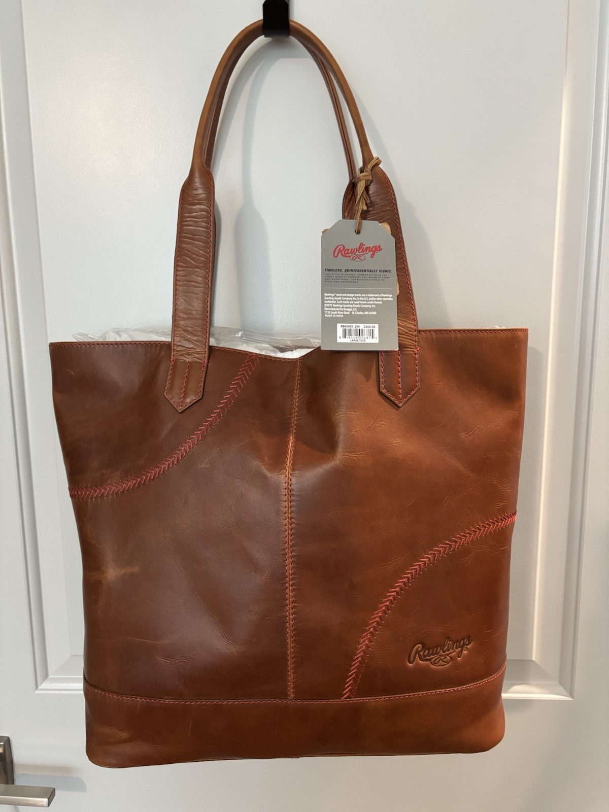 Rawlings Tan Baseball Stitch Leather Tote Bag Large NWT