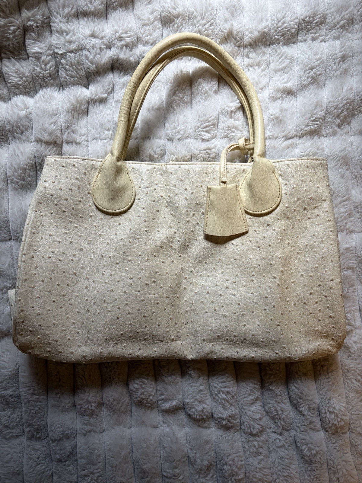 Estée Lauder Ivory Ostrich Satchel Top Handle Bag Zip, gold hardware