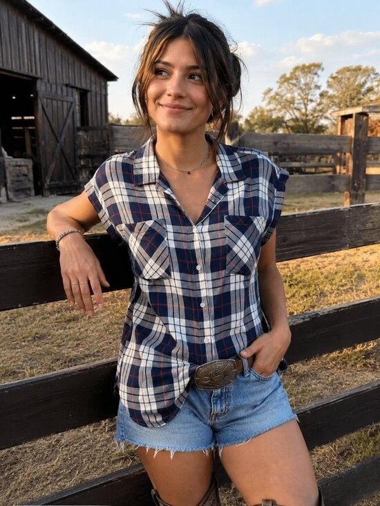 jachs girlfriend Top S Plaid Quinn Cap Sleeve Twill Western Ranch Fall Country