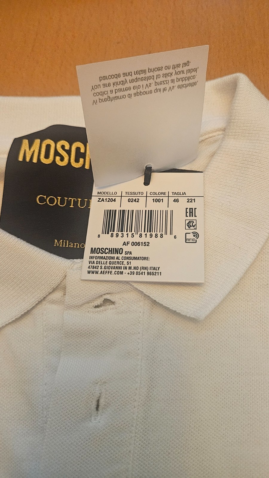 MOSCHINO Couture Milano Logo Polo Shirt White Mens Size Small IT 46, USA 36 NWT