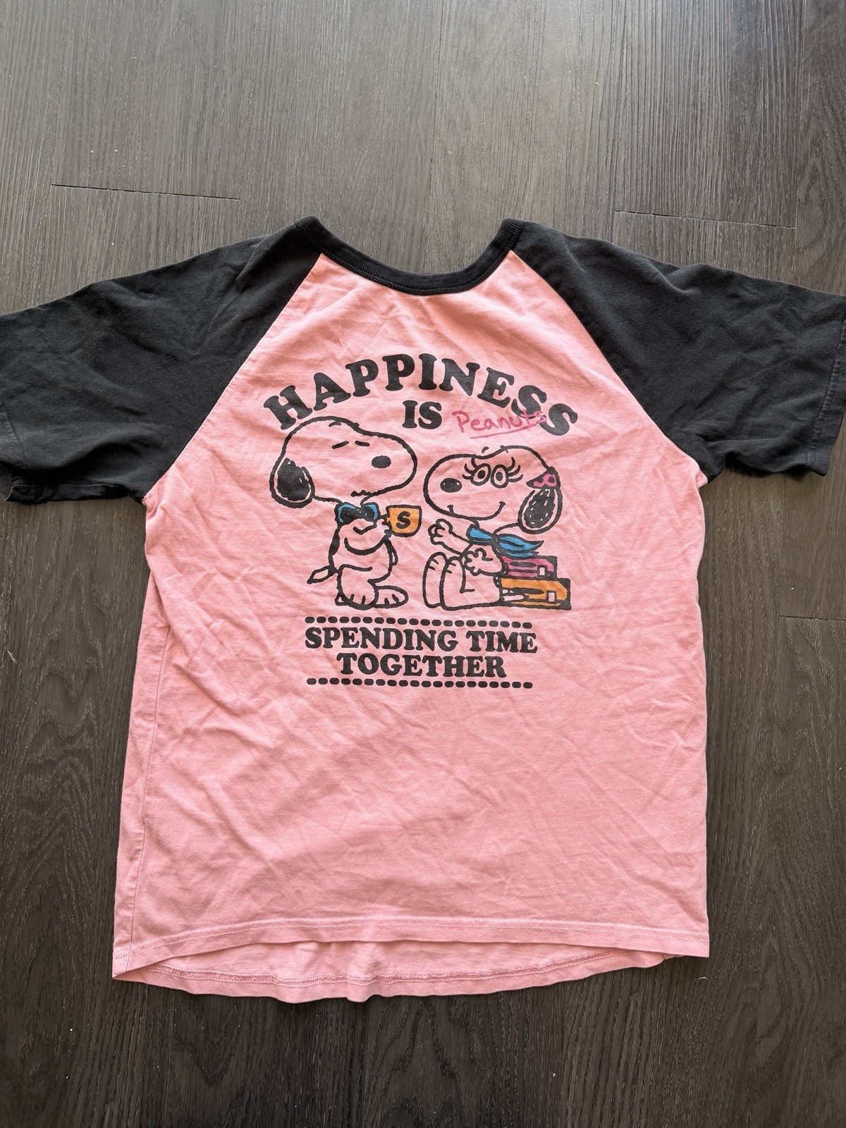 Vintage Peanuts Snoopy Belle Raglan Graphic Tee Pink Black Size Medium