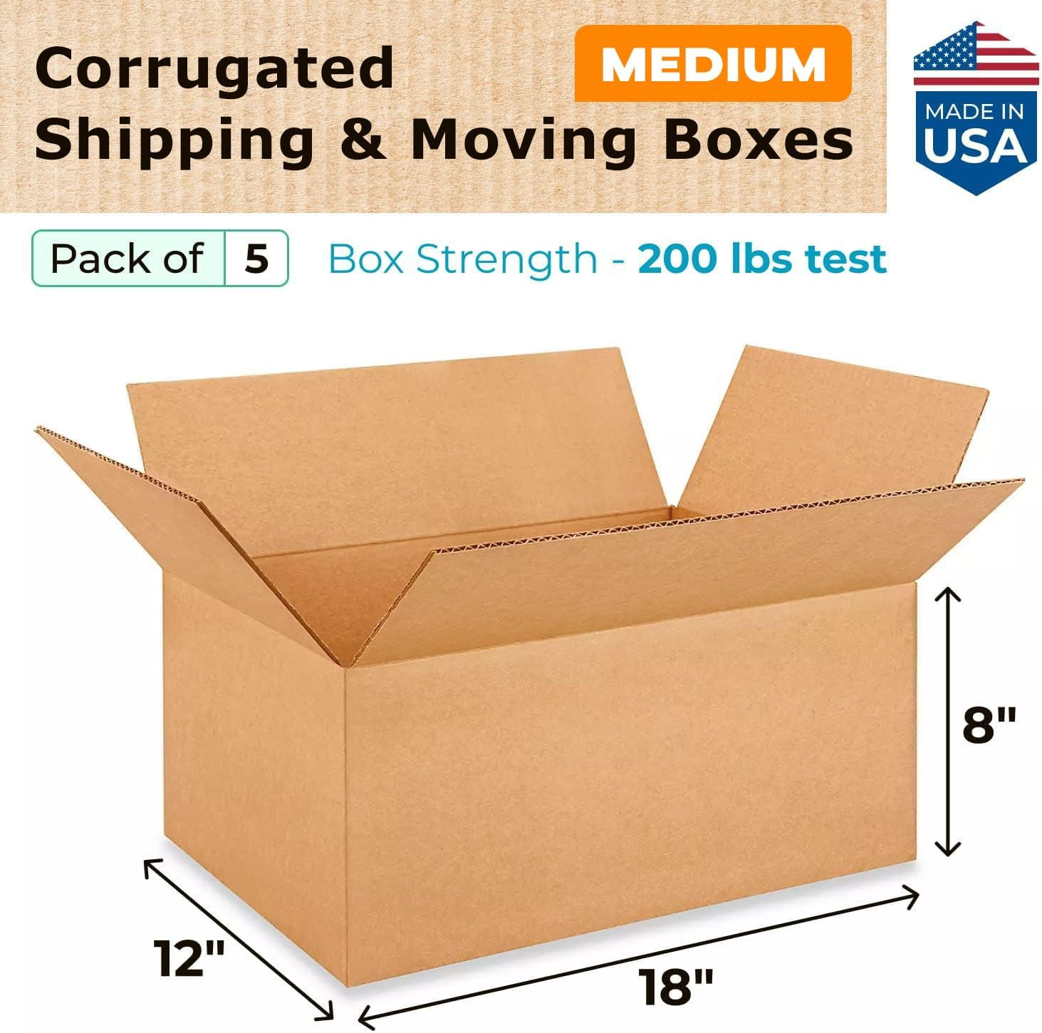 Medium Moving & Shipping Boxes 18 X 12 X 8 Inches (5-Pack) – Extra Strength 200