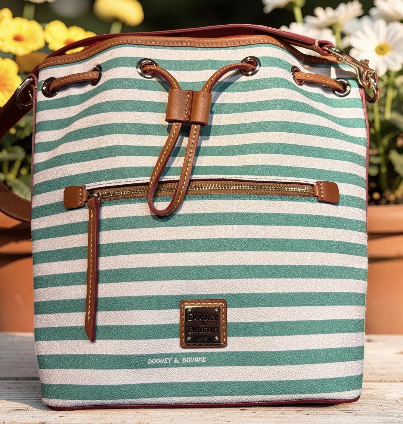 Dooney Bourke Sullivan Stripes Seafoam Spearmint Green Drawstring Bucket Bag