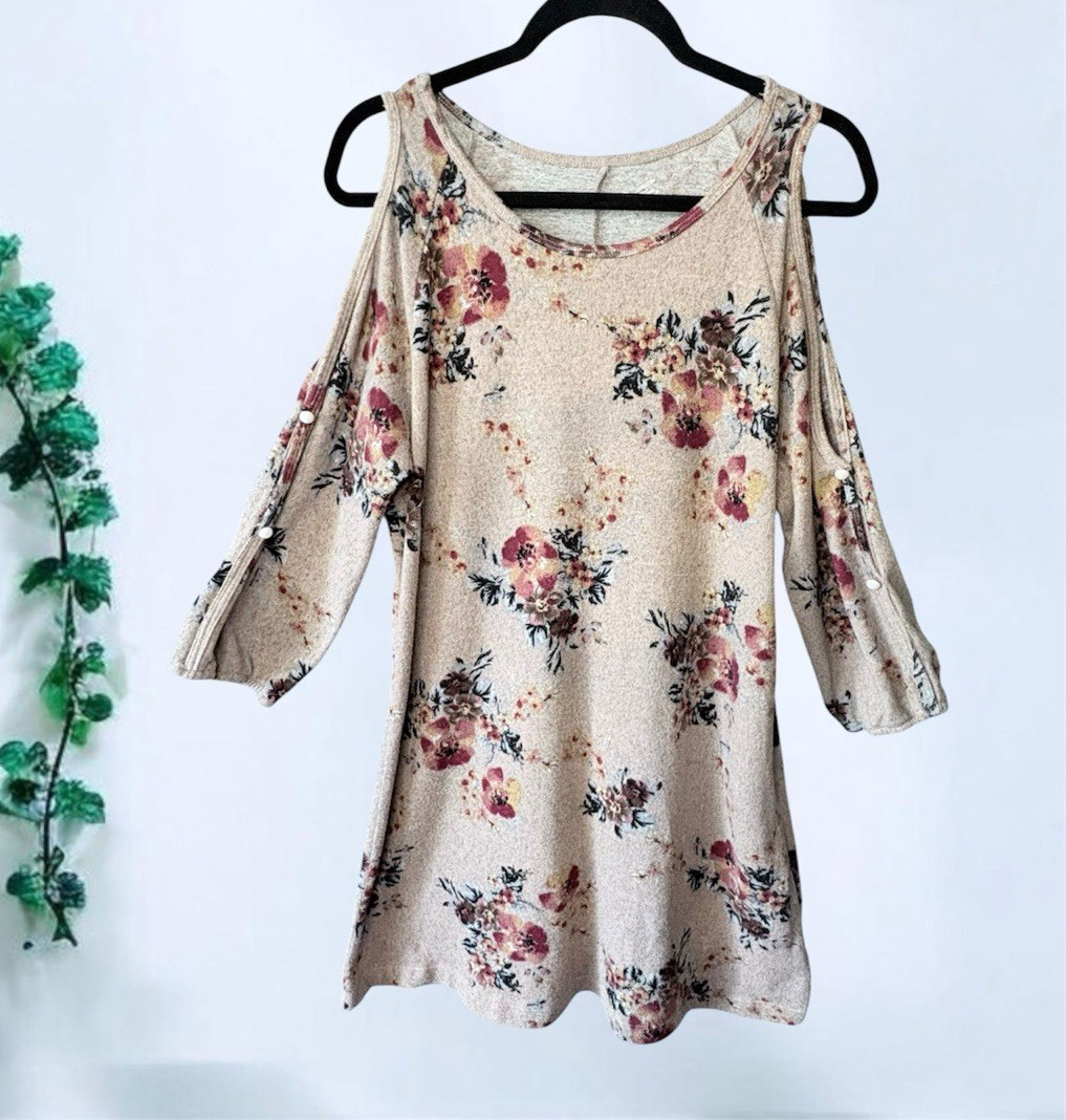 Alya Women’s Beige Floral Open Shoulder 3/4 Sleeve Dress Size L