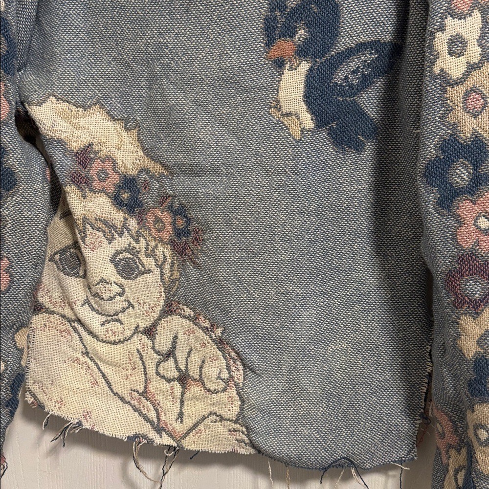 RARE! Dreamsicle Tapestry Sweater Cherub Long Sleeve V-Neck Distressed Fringe