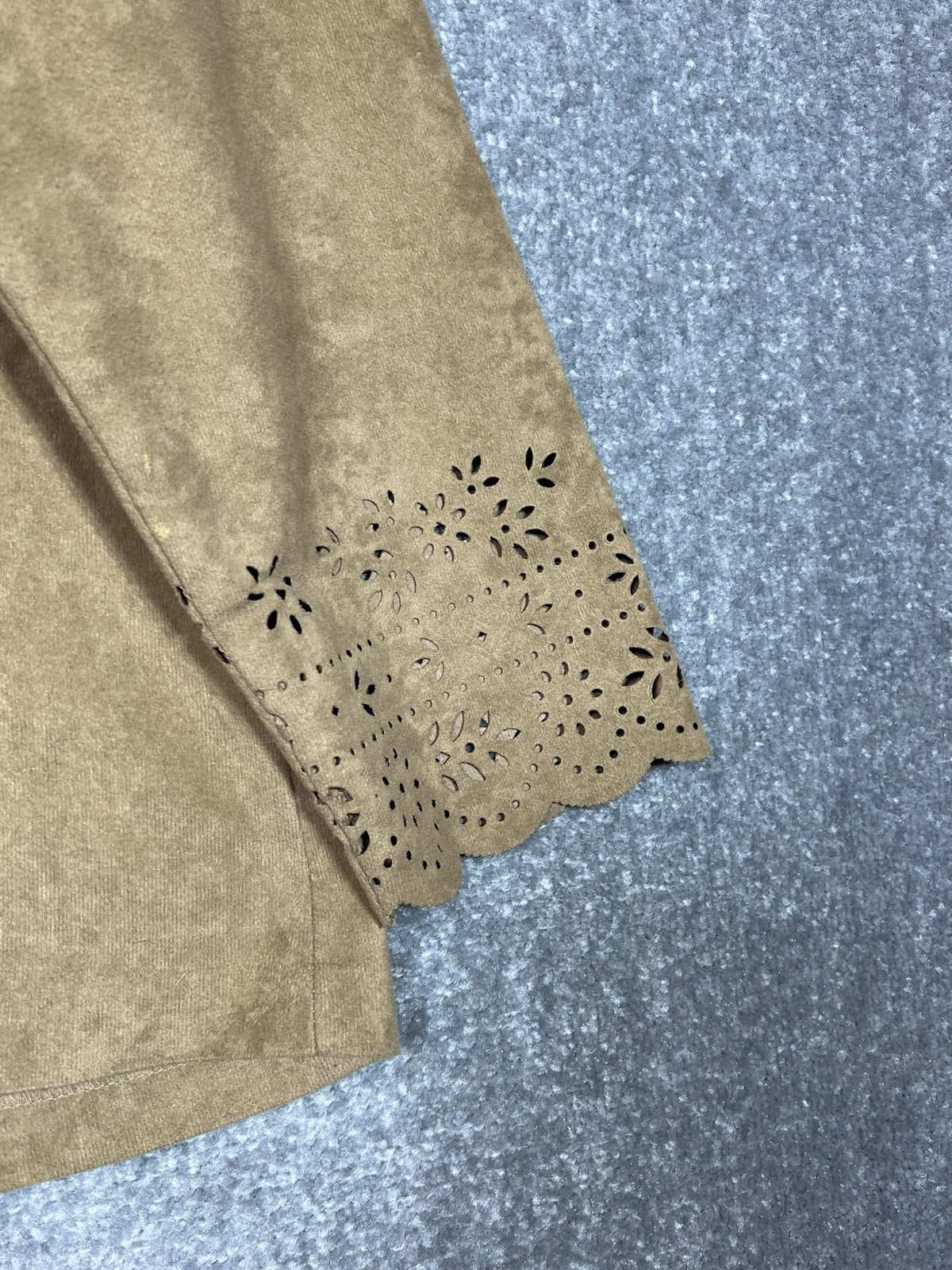 Vintage Passports Faux Suede Microfiber Jacket Women Size 2X Brown Floral Cutout