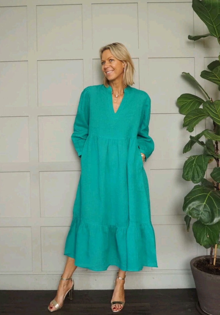 Dilli Grey turquoise 100% linen Florence dress 14 16 UK bnwot light summery