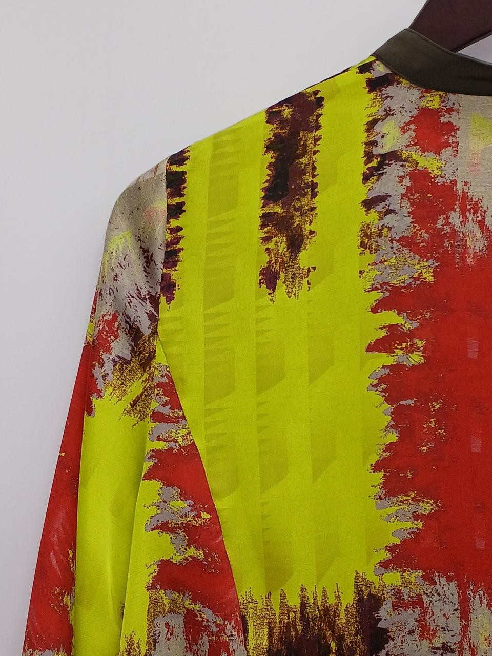 Gradient Check Satin Long Shirt Yellow M 75cm Style Casual Office