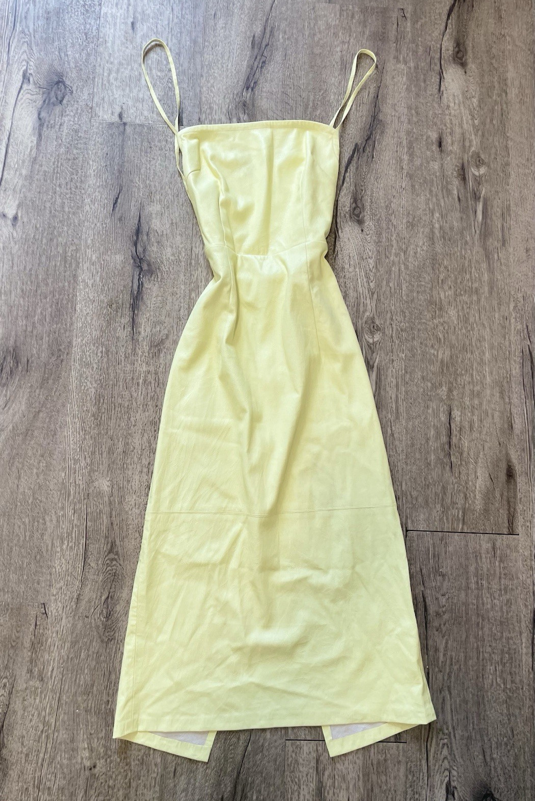 GOOD AMERICAN yellow faux leather pencil midi dress square neck size 1