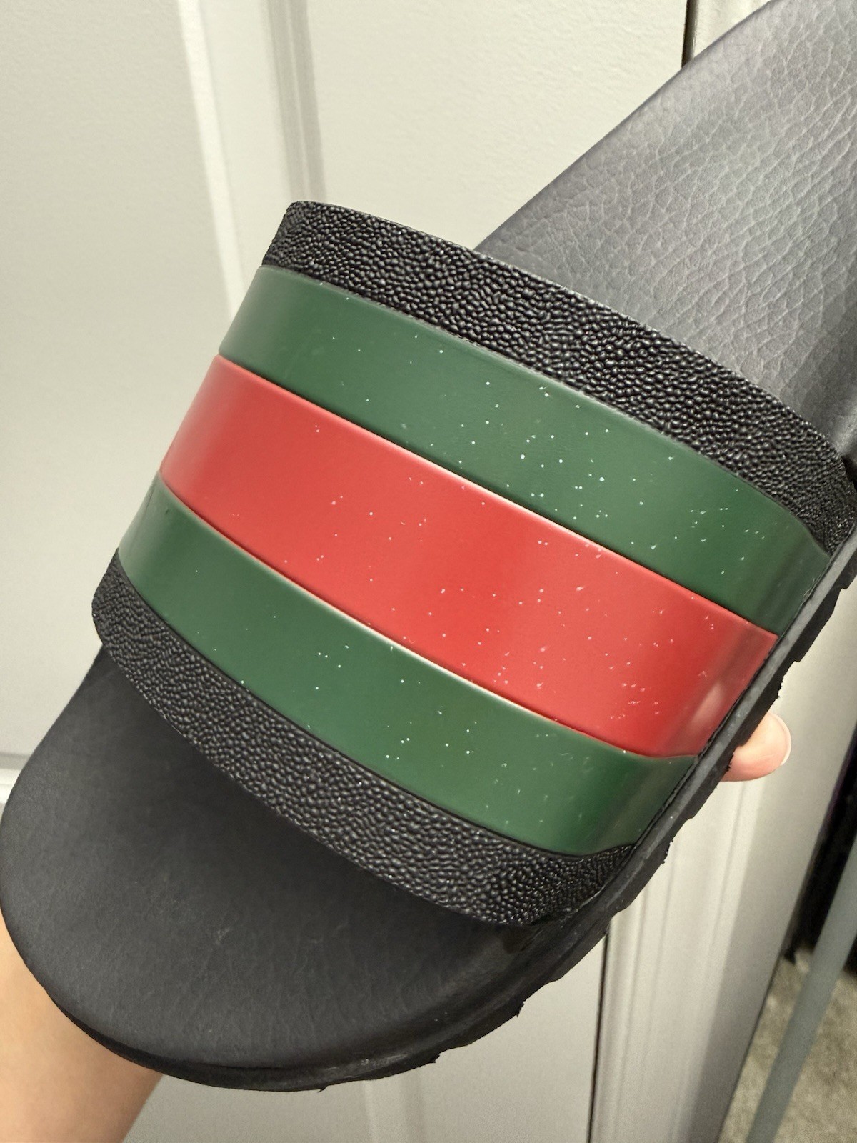 Gucci Pursuit Trek Web Stripe Rubber Slide Sandals Black Green Red Mens 10