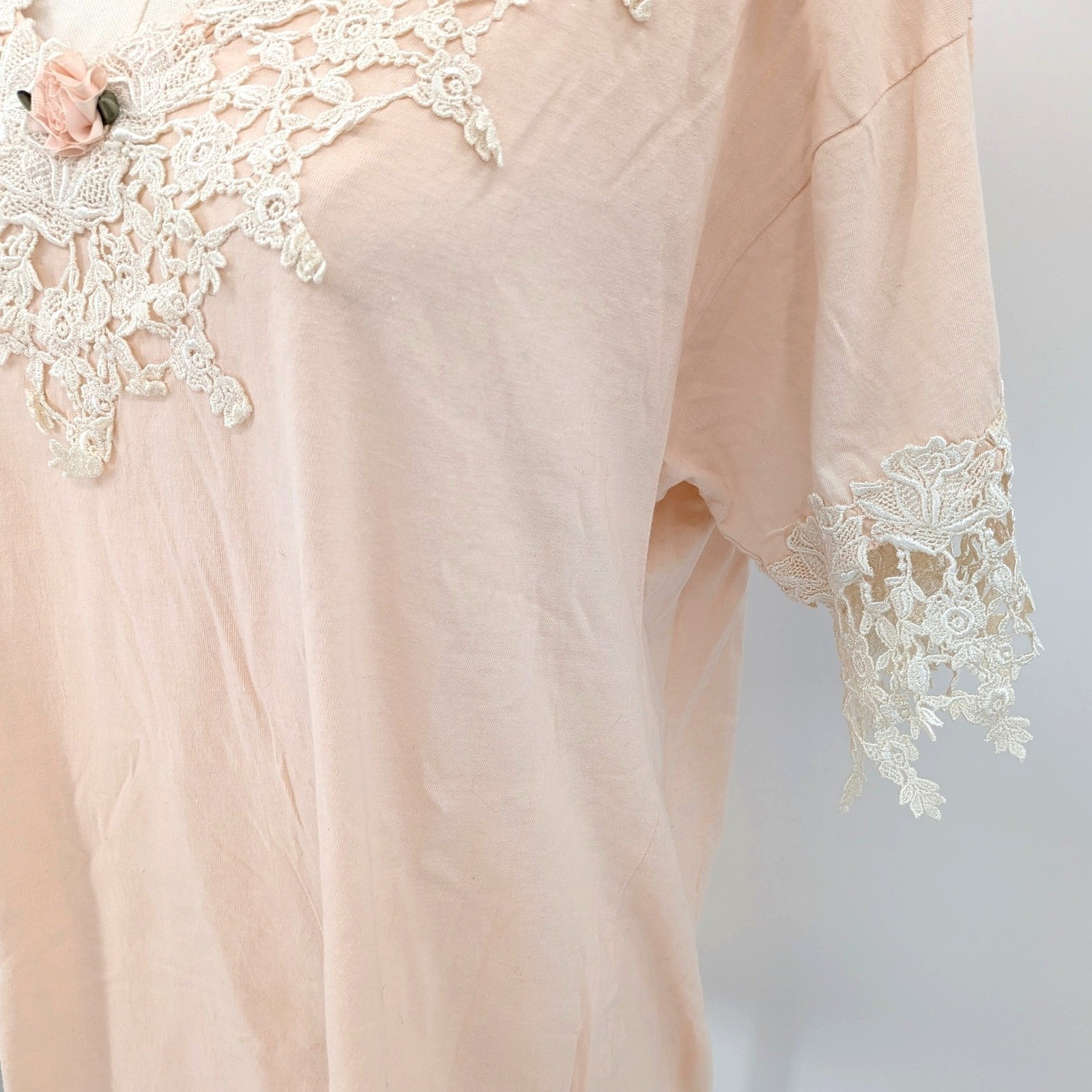 Vintage Magnet Art Peach Lace Applique Top L Cotton Romantic Cottagecore Blouse