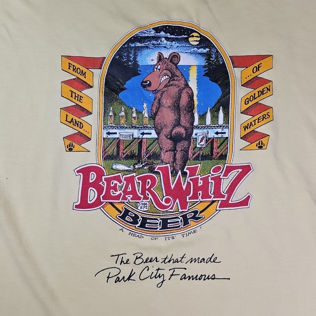 Vintage 80’s Single Stitch Bear Whiz Beer Humor Promo Yellow T Shirt Size Large