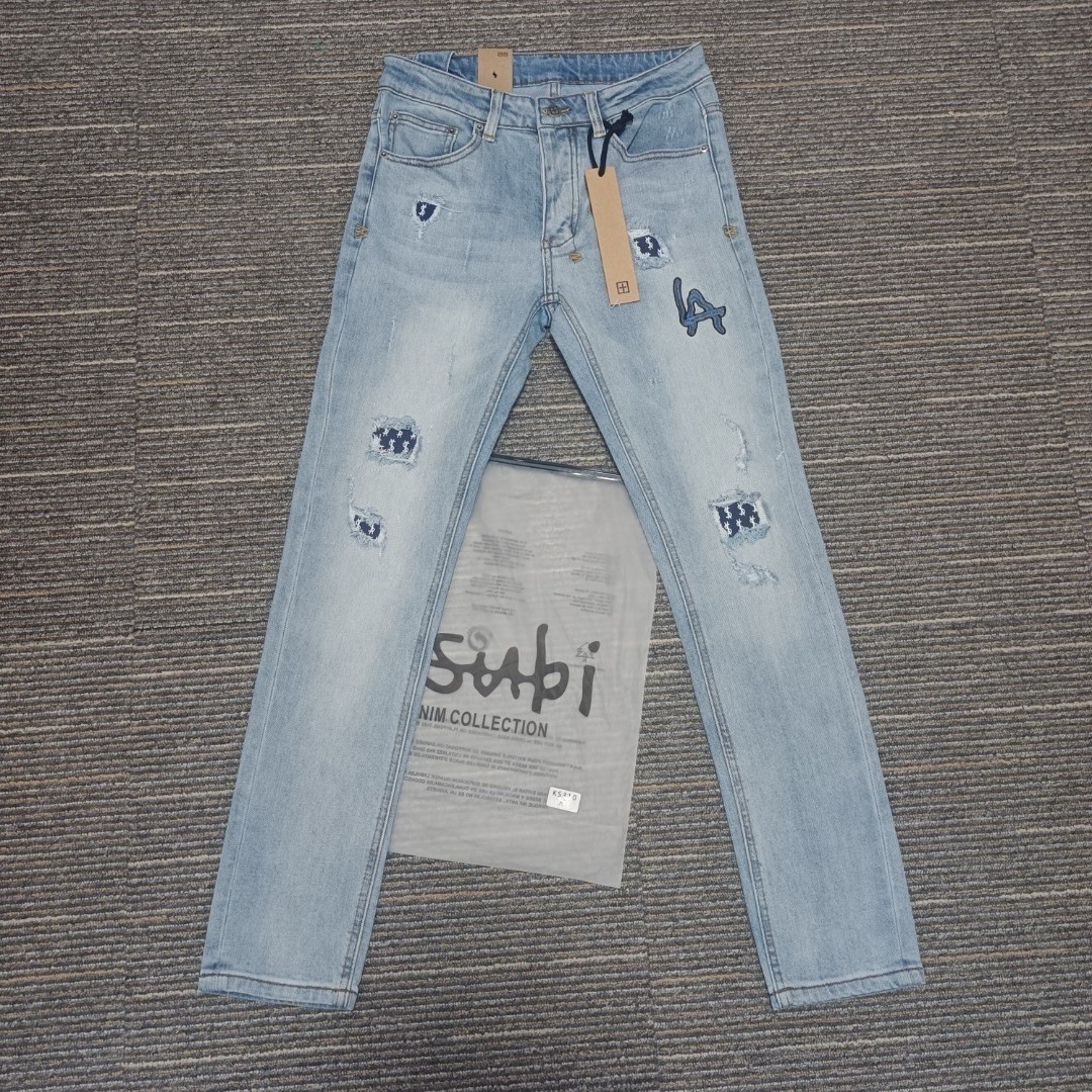 KSUBI Men’s Washed Blue Ripped Letter Printing Pants Jeans size 34 KJ14