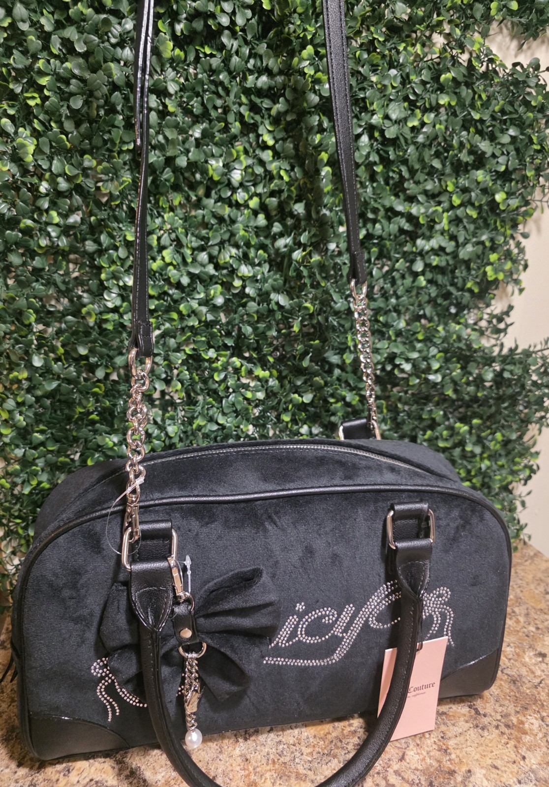 Juicy Couture Black Satchel Bow Charm Chain Strap Logo Accents Zip Closure